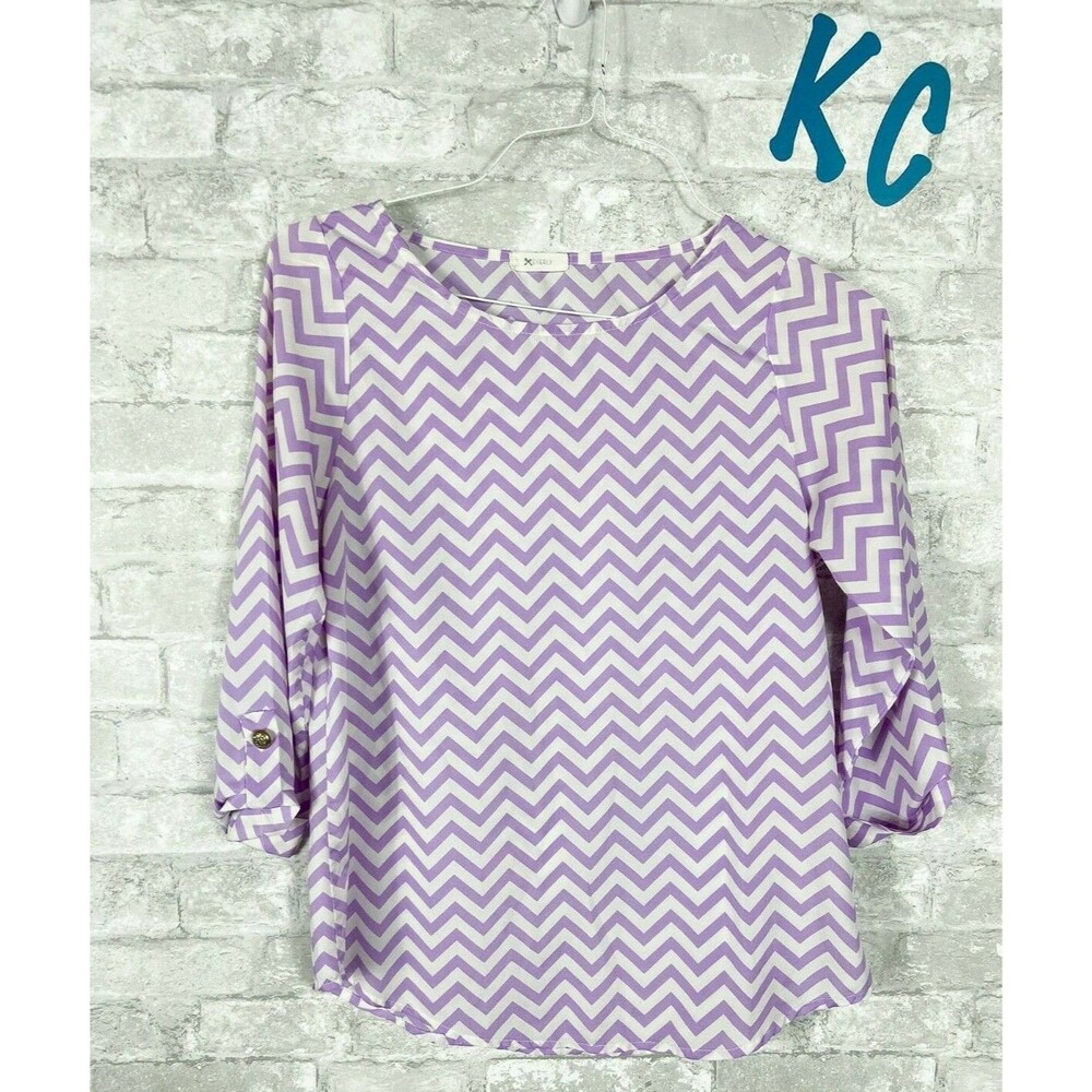 EVERLY ANTHROPOLOGIE CHEVRON LILAC PURPLE WHITE 3/4 SLEEVE BLOUSE TOP SZ S